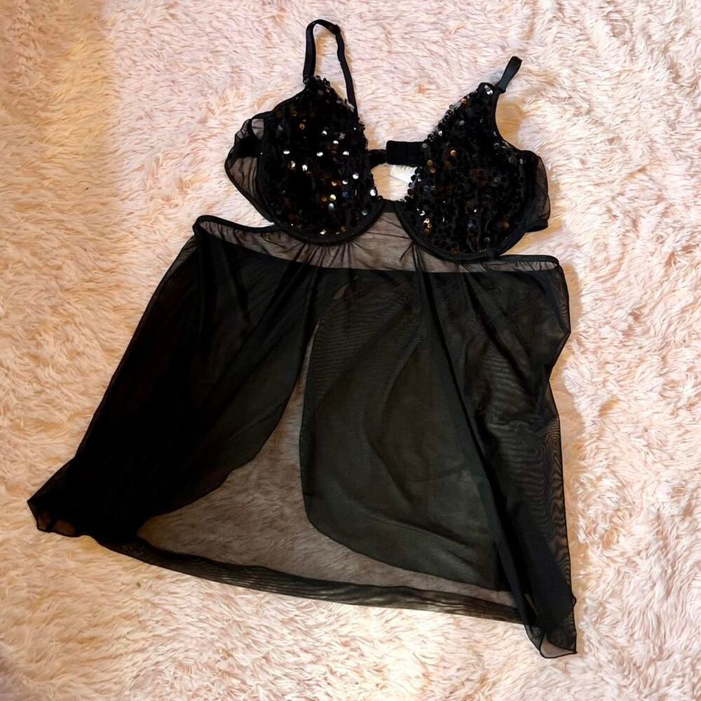 Black Sequin Glam Dark Fairy‎ Fantasy Flirty Sexy Whimsygoth Lingerie Slip Dress